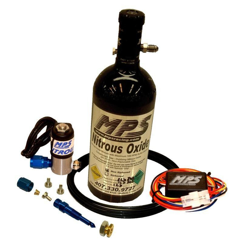 MPS Dry Nitrous Kit, automotive nitrous oxide system with black bottle, hoses, electrical components, and fittings for performance enhancement.
