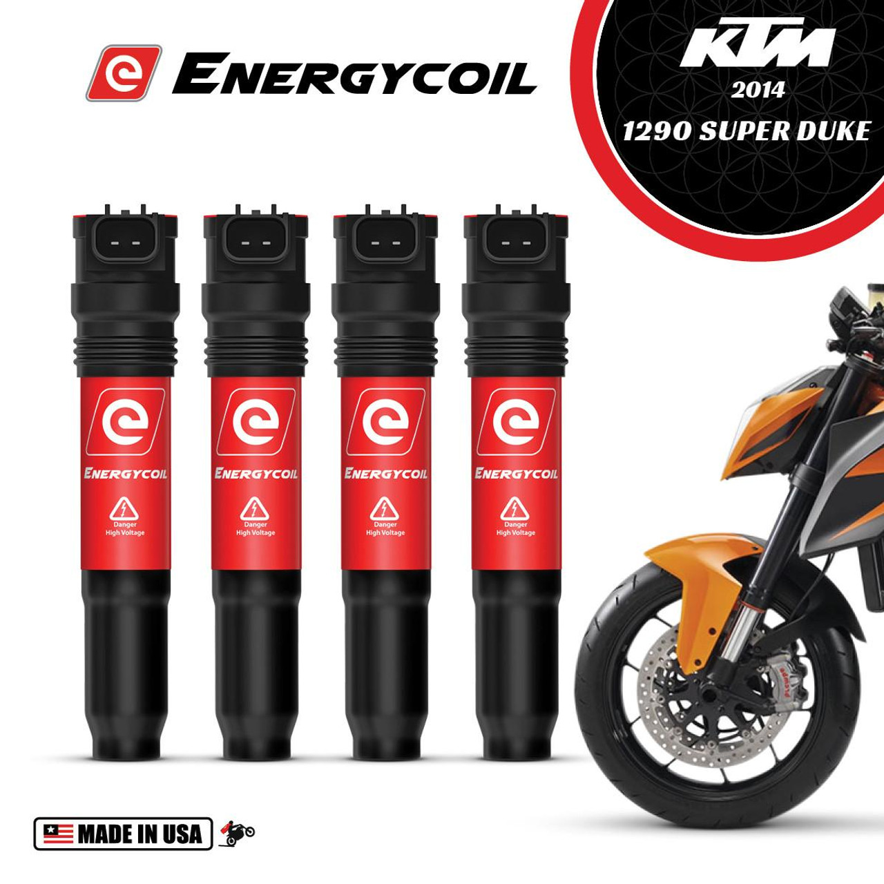 Energy Coil on Plug Stick Coils for KTM 1290 Super Duke R (14-15), four black and red ignition coils with high voltage warning, suitable for motorcycle ignition system. Energy Coil on Plug Stick Coils for KTM 1290 Super Duke R (14-15), four black and red ignition coils with high voltage warning, suitable for motorcycle ignition system.