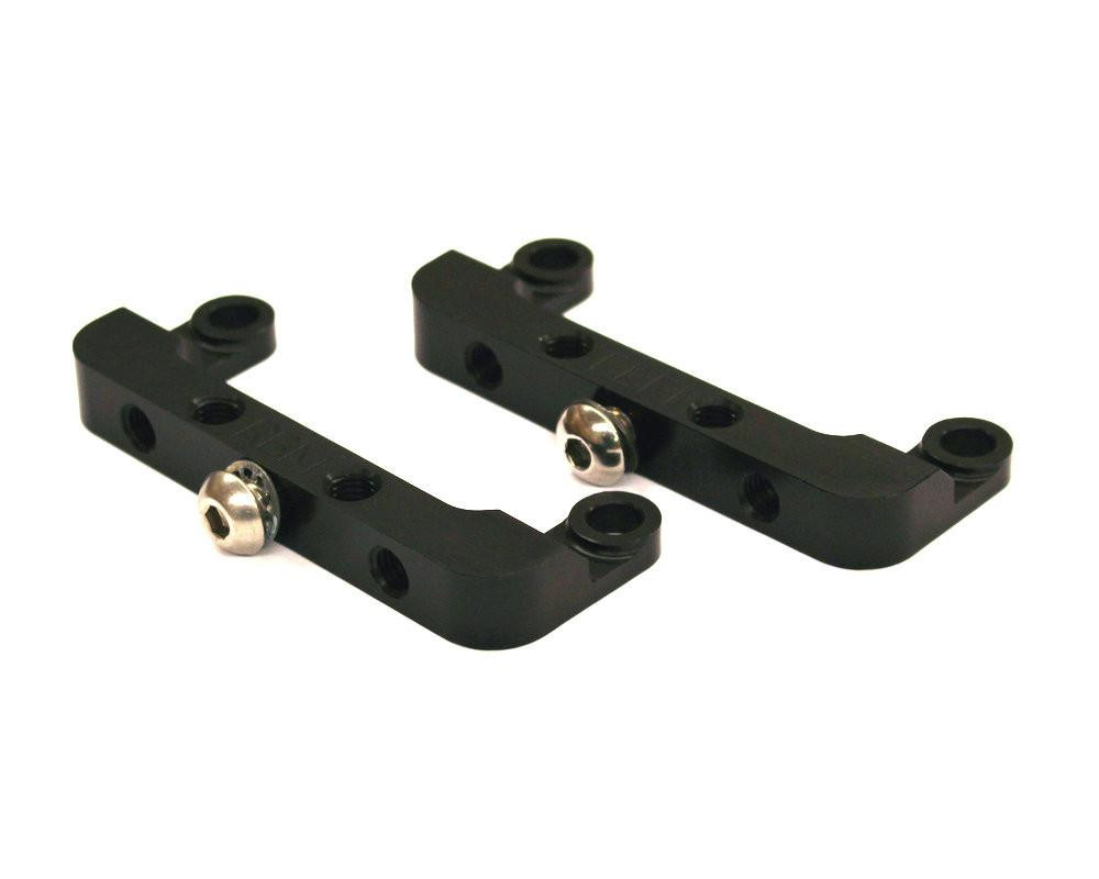RBM Front End Lowering Strap Brackets, black metal brackets with mounting holes and screws for vehicle suspension lowering.