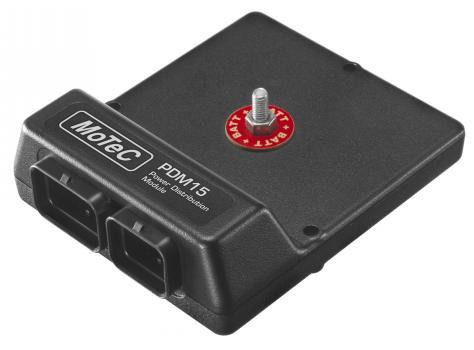 Motec PDM30 Power Distribution Module, black electronic device with multiple connection ports and a red reset button on top.