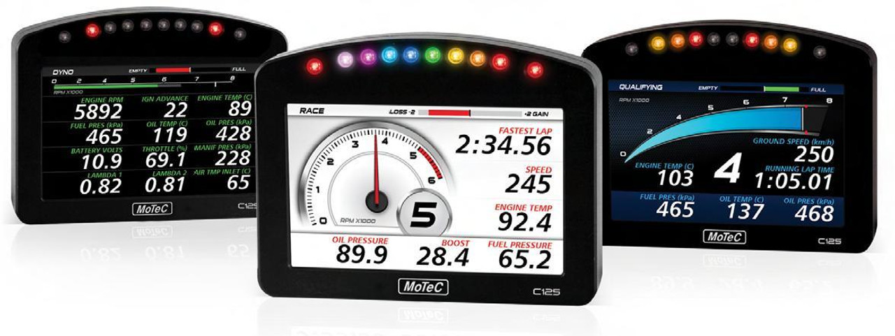 Motec Dash Logger C125, digital dashboard with multiple screens displaying various vehicle performance data. Motec Dash Logger C125, digital dashboard with multiple screens displaying various vehicle performance data.