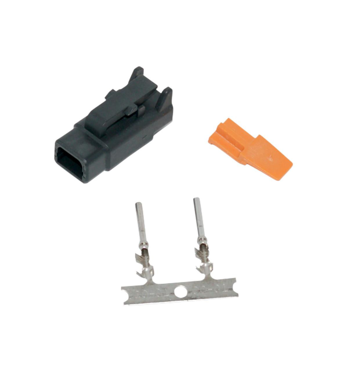 Deutsch DTM 2 Position Plug Kit, automotive electrical connector components including a black plastic plug, an orange terminal cover, and metal contact pins. Deutsch DTM 2 Position Plug Kit, automotive electrical connector components including a black plastic plug, an orange terminal cover, and metal contact pins.