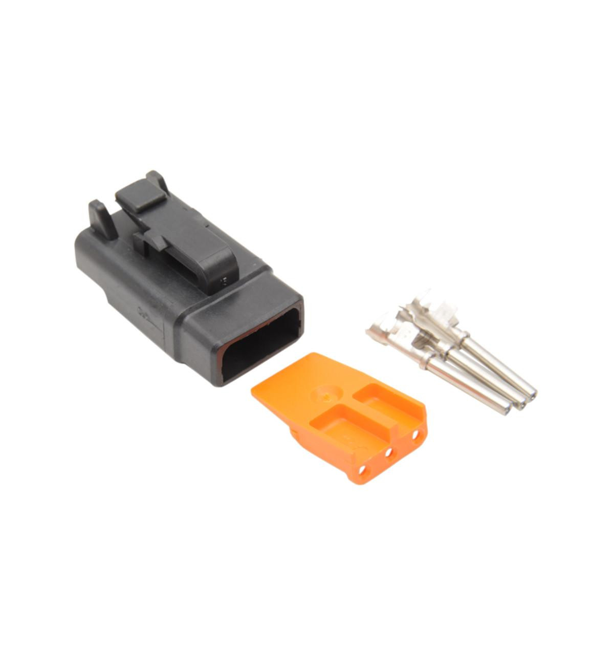 Deutsch DTM 3 Position Plug Kit, including black plastic connector, orange insertion tool, and metal pins for automotive wiring harness. Deutsch DTM 3 Position Plug Kit, including black plastic connector, orange insertion tool, and metal pins for automotive wiring harness.
