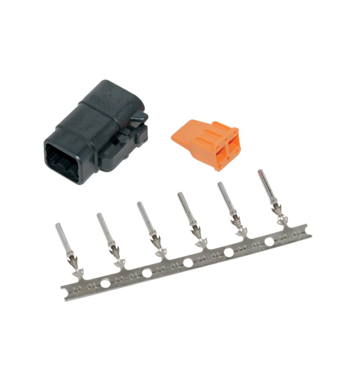 Deutsch DTM 6 Position Plug Kit, electrical connector set with black connector, orange cap, and six metal terminal pins for automotive wiring.