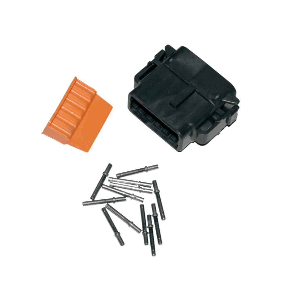 Deutsch DTM 12 Position Plug Kit, automotive electrical connector components including a black plug housing, orange insert, and metallic pins. Deutsch DTM 12 Position Plug Kit, automotive electrical connector components including a black plug housing, orange insert, and metallic pins.