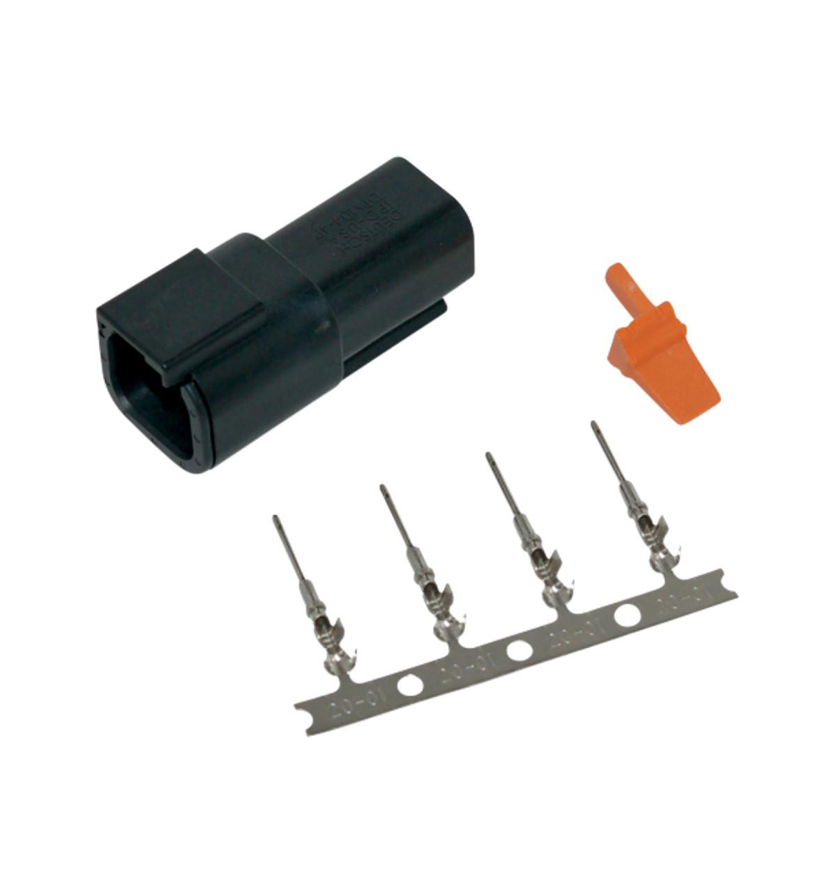 Deutsch DTM 4 Position Receptacle Kit, black plastic connector with four metal terminals, orange locking tab, and metal mounting strip. Deutsch DTM 4 Position Receptacle Kit, black plastic connector with four metal terminals, orange locking tab, and metal mounting strip.