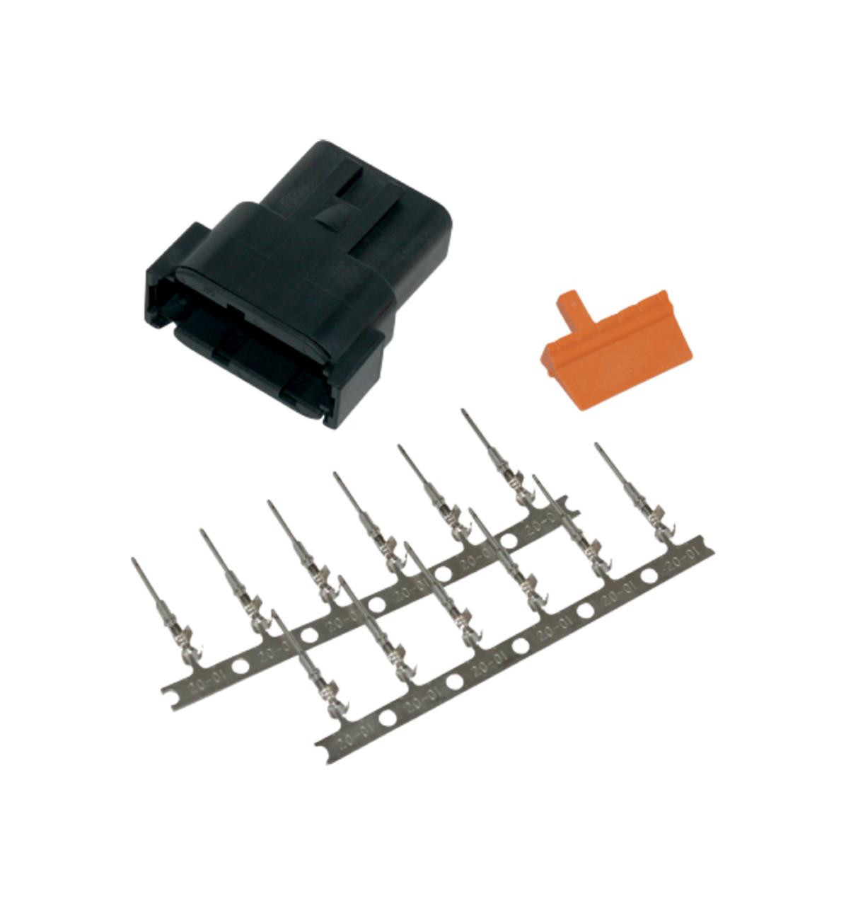Deutsch DTM 12 Position Receptacle Kit, electronic connector components including black plastic housing, orange terminal guard, and metal contacts on a metal strip for electrical wiring.