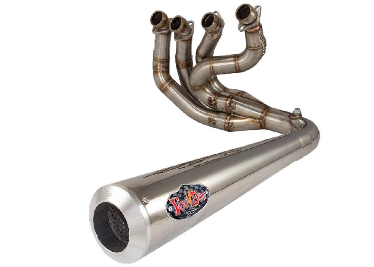 VooDoo Sidewinder Exhaust Suzuki GSX1300R Hayabusa (99-20), stainless steel motorcycle exhaust pipe with four outlets and VooDoo logo on the side.