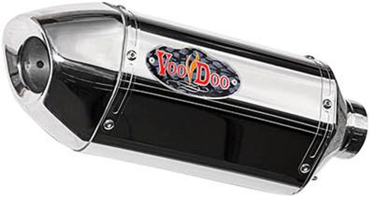 VooDoo Performance Series Slip On Exhaust Kawasaki EX250F Ninja 250 (08-13), shiny metallic motorcycle exhaust with VooDoo logo, designed for Kawasaki Ninja 250 (2008-2013).