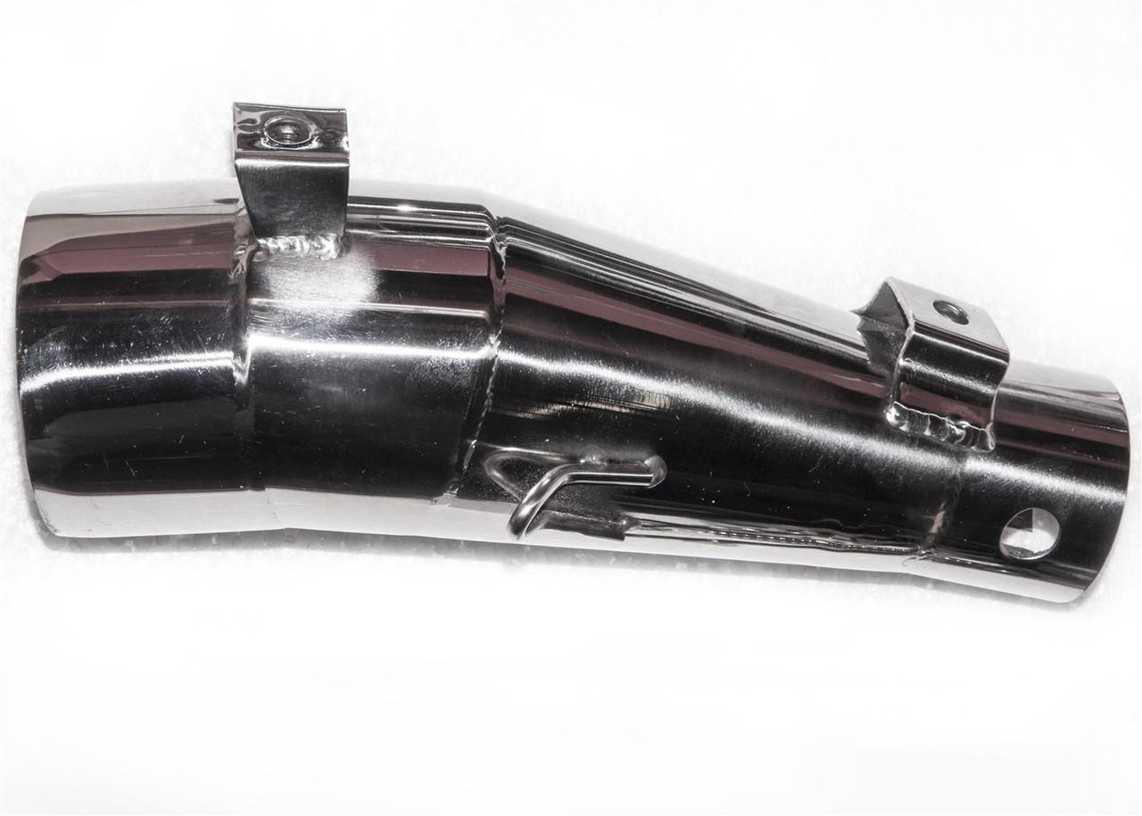 VooDoo Performance Series Slip On Exhaust for Kawasaki EX250F Ninja 250 (08-13), silver chrome motorcycle exhaust muffler with mounting brackets.