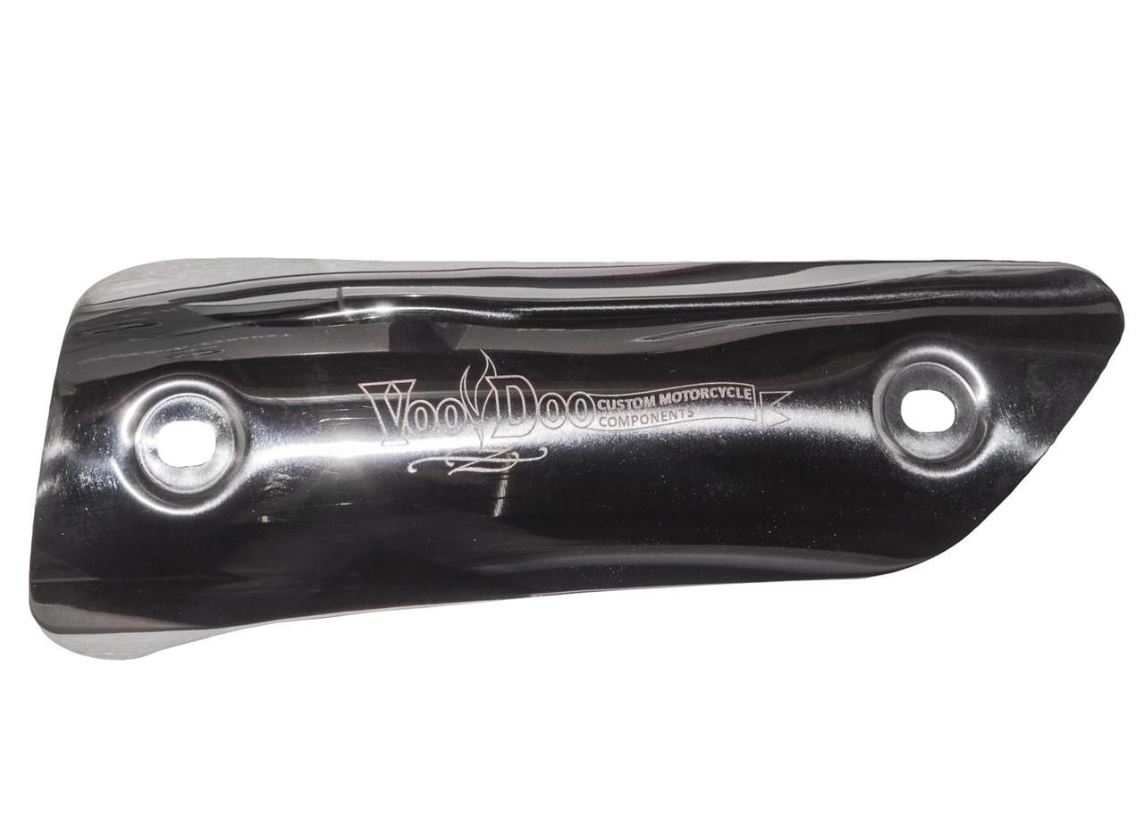 VooDoo Performance Series Slip On Exhaust for Kawasaki EX250F Ninja 250, close-up view of the black motorcycle exhaust with logo and mounting holes.