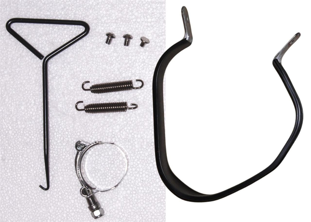VooDoo Performance Series Slip On Exhaust Kawasaki EX250F Ninja 250 (08-13), image of motorcycle exhaust installation kit with brackets, springs, screws, and mounting clamp.