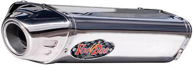 VooDoo Performance Series Slip On Exhaust Kawasaki ZX6R/RR (07-08), shiny chrome motorcycle exhaust pipe with VooDoo logo.