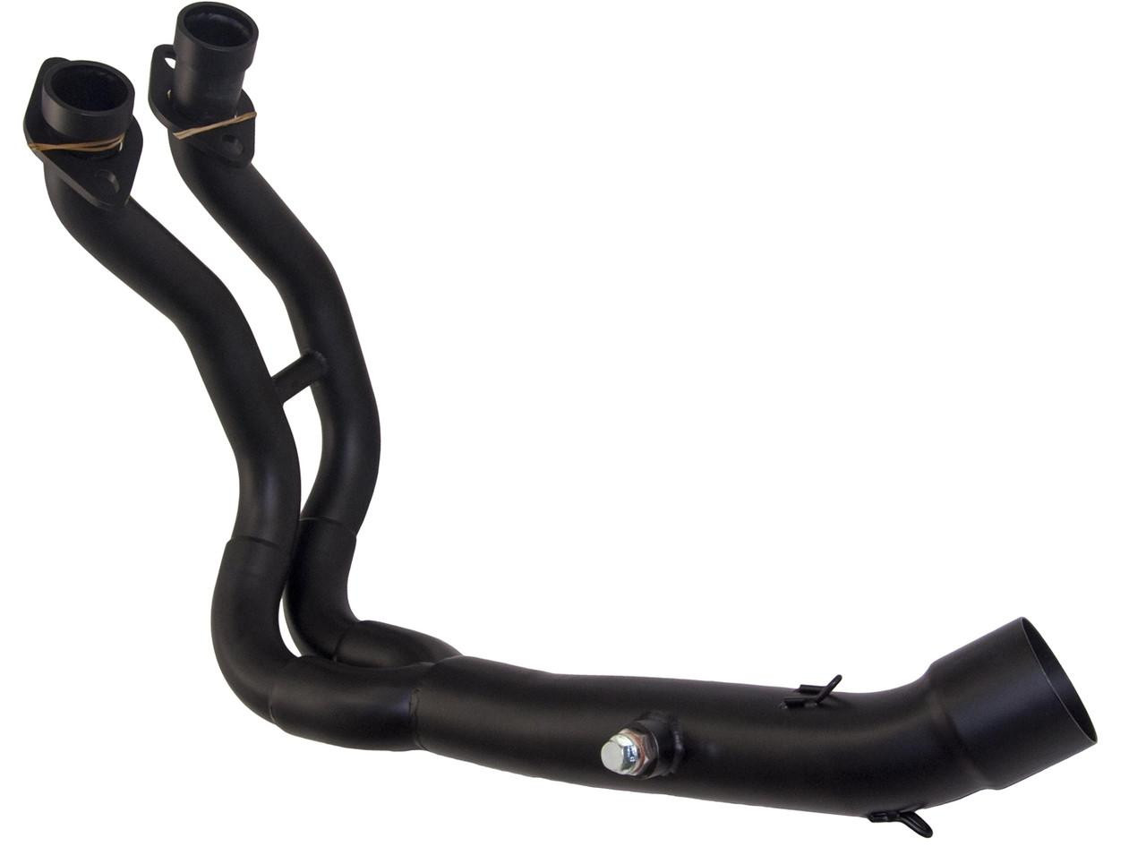 VooDoo Performance Series Exhaust Kawasaki Ninja 650 ER6N/F EX650 (12-16), black motorcycle exhaust pipe with dual outlet and mounting hardware.