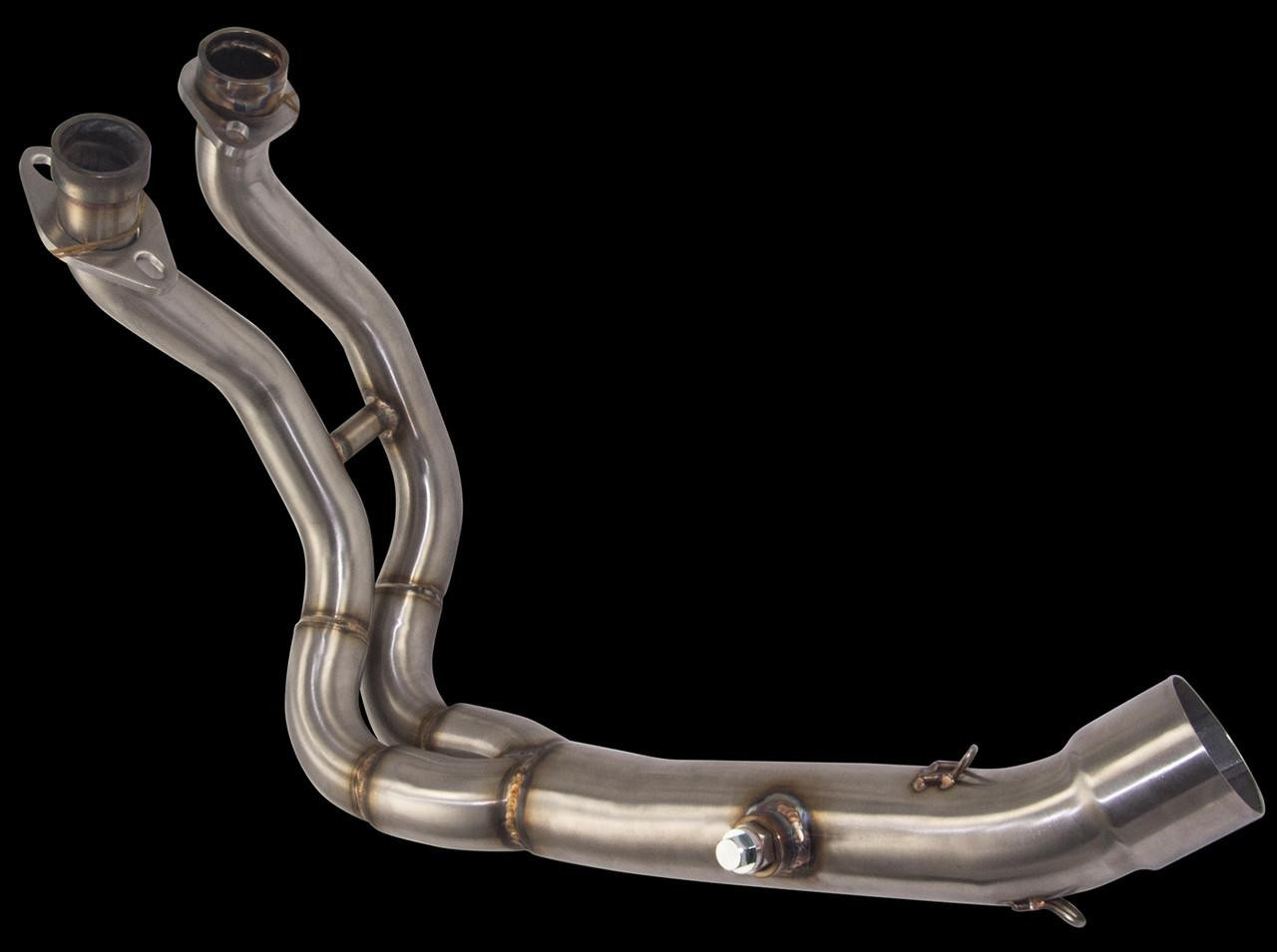 VooDoo Performance Series Exhaust Kawasaki Ninja 650 ER6N/F EX650, stainless steel motorcycle exhaust pipe with multiple bends and mounting brackets for Kawasaki Ninja 650 models from 2012 to 2016.