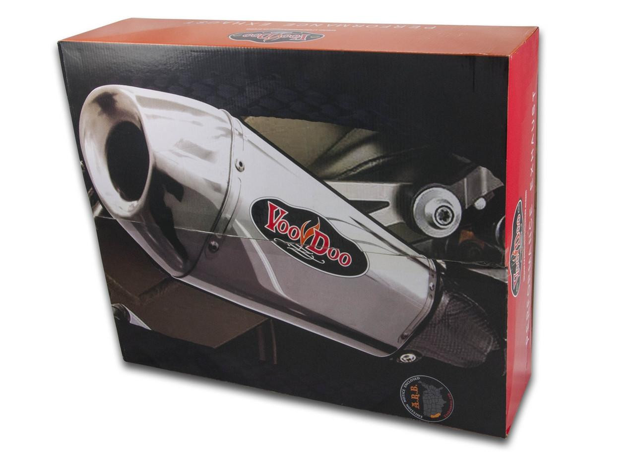 VooDoo Performance Series Slip On Exhaust Suzuki GSXR1000 01-04, GSXR750 00-03, GSXR600 01-03, product packaging featuring a sleek silver exhaust pipe with logo VooDoo Performance Series Slip On Exhaust Suzuki GSXR1000 01-04, GSXR750 00-03, GSXR600 01-03, product packaging featuring a sleek silver exhaust pipe with logo