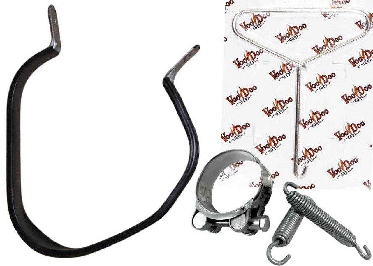 VooDoo Performance Series Slip On Exhaust Suzuki GSXR750 (08-10), GSXR600 (08-10), motorcycle exhaust parts including a slip-on pipe, mounting bracket, springs, and hardware. VooDoo Performance Series Slip On Exhaust Suzuki GSXR750 (08-10), GSXR600 (08-10), motorcycle exhaust parts including a slip-on pipe, mounting bracket, springs, and hardware.