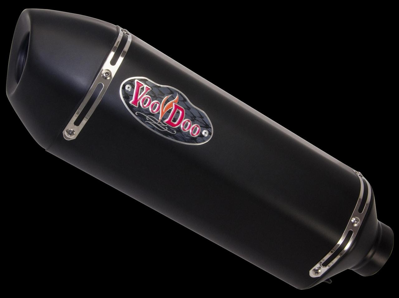 VooDoo Performance Series Slip On Exhaust for Suzuki GSXR750 (2008-2010) and GSXR600 (2008-2010), black matte finish, motorcycle exhaust with VooDoo logo. VooDoo Performance Series Slip On Exhaust for Suzuki GSXR750 (2008-2010) and GSXR600 (2008-2010), black matte finish, motorcycle exhaust with VooDoo logo.
