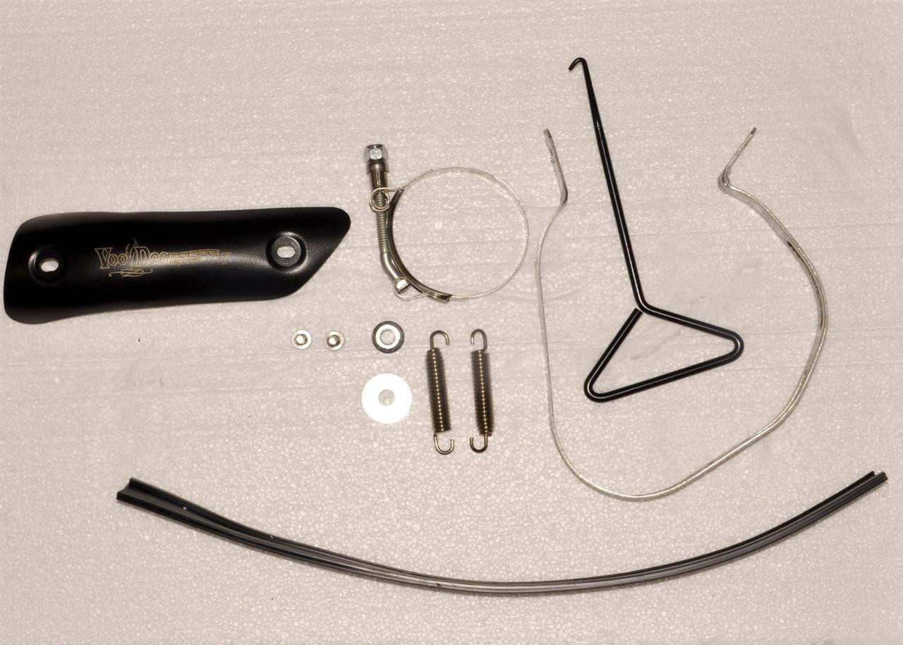 VooDoo Performance Series Slip On Exhaust Suzuki GSXR1000 (07-08), motorcycle exhaust components and mounting hardware on a white surface.
