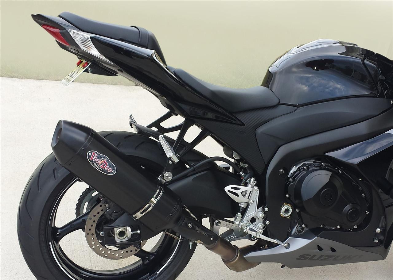 VooDoo Performance Series Slip On Exhaust Suzuki GSXR1000 (12-16), black motorcycle exhaust system installed on a sleek black bike.