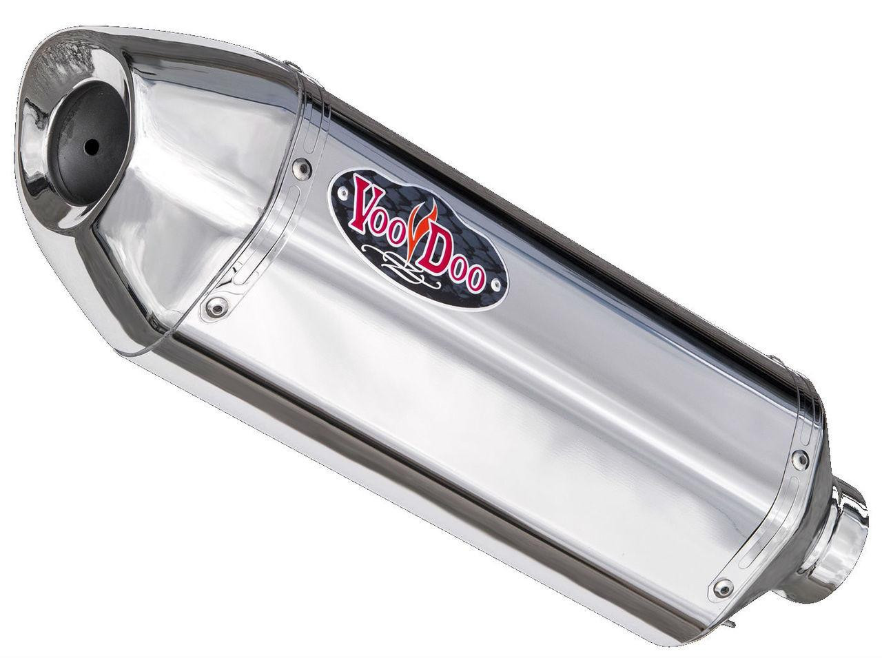 VooDoo Performance Series Slip On Exhaust Suzuki GSXR1000 12-16, shiny chrome motorcycle exhaust muffler with logo.