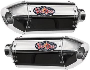 VooDoo Performance Series Slip On Exhaust Yamaha YZF-R1 (09-14), stainless steel and black aftermarket motorcycle exhausts with logo branding.