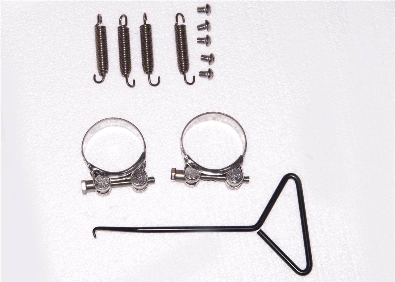 VooDoo Performance Series Slip On Exhaust Yamaha YZF-R1 (09-14), image showing installation accessories including springs, clamps, screws, and a wrench.
