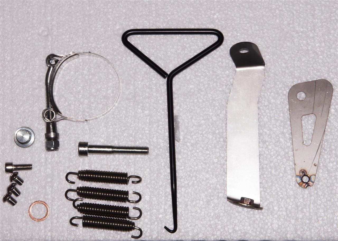VooDoo Performance Series Slip On Exhaust Honda CBR1000RR (08-13), image showing the metallic exhaust components, springs, brackets, and mounting hardware on a textured background.