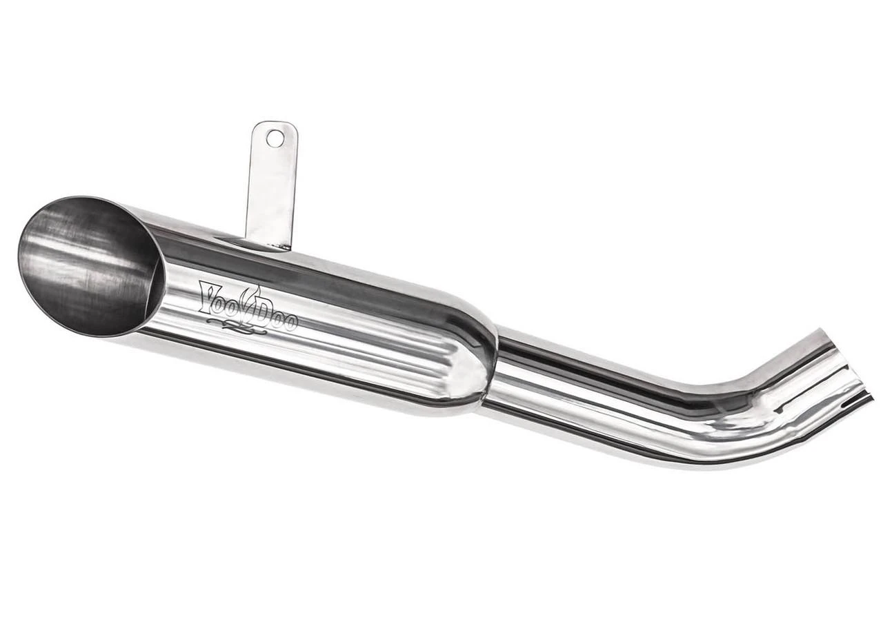 VooDoo Shorty Slip On Exhaust Honda CBR1000RR (08-16), polished metal motorcycle exhaust with branding on side.