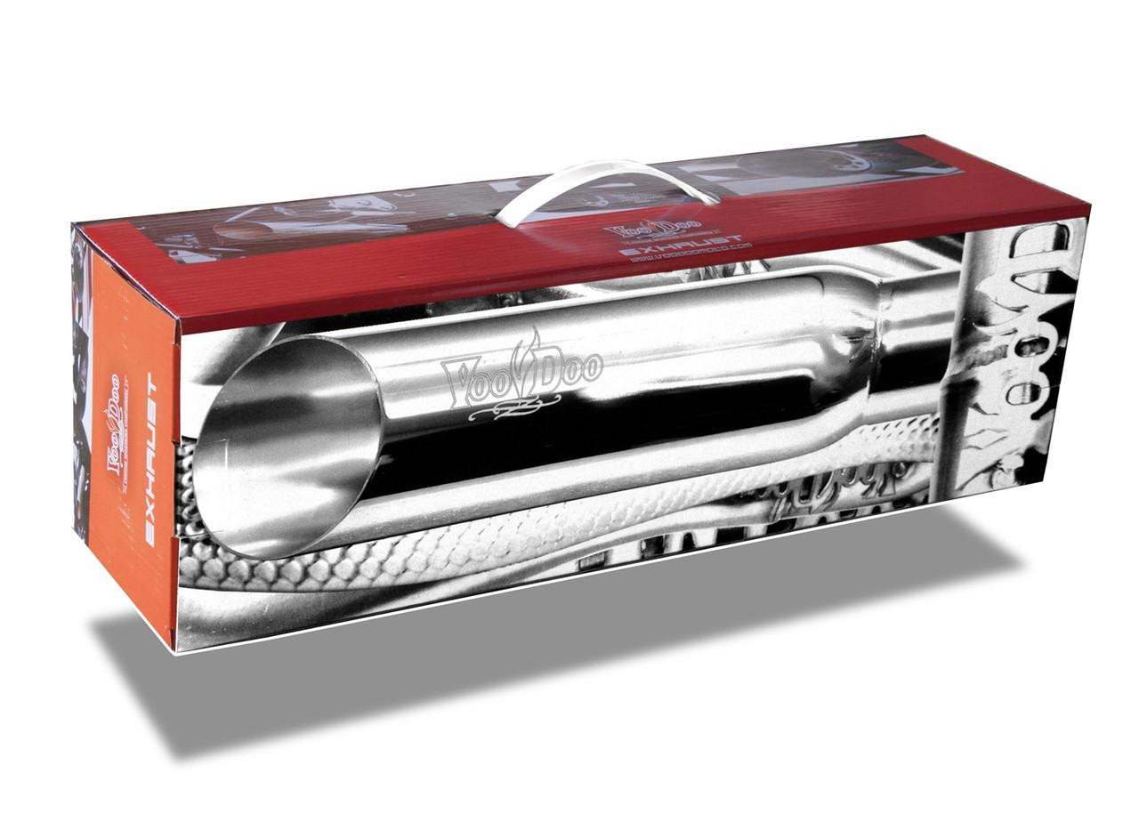 VooDoo Shorty Slip On Exhaust for Kawasaki ZX10R (2008-2010), silver metallic motorcycle exhaust pipe in its packaging box.