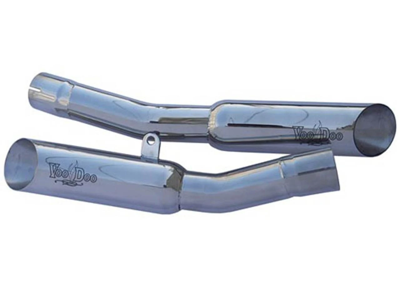 VooDoo Shorty Slip On Exhaust for Kawasaki ZX14 (06-07), chrome motorcycle exhaust pipes with VooDoo branding.
