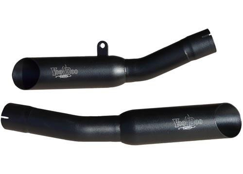 VooDoo Shorty Slip On Exhaust Kawasaki ZX14 (06-07), black dual exhaust muffler with brand logo on the surface.
