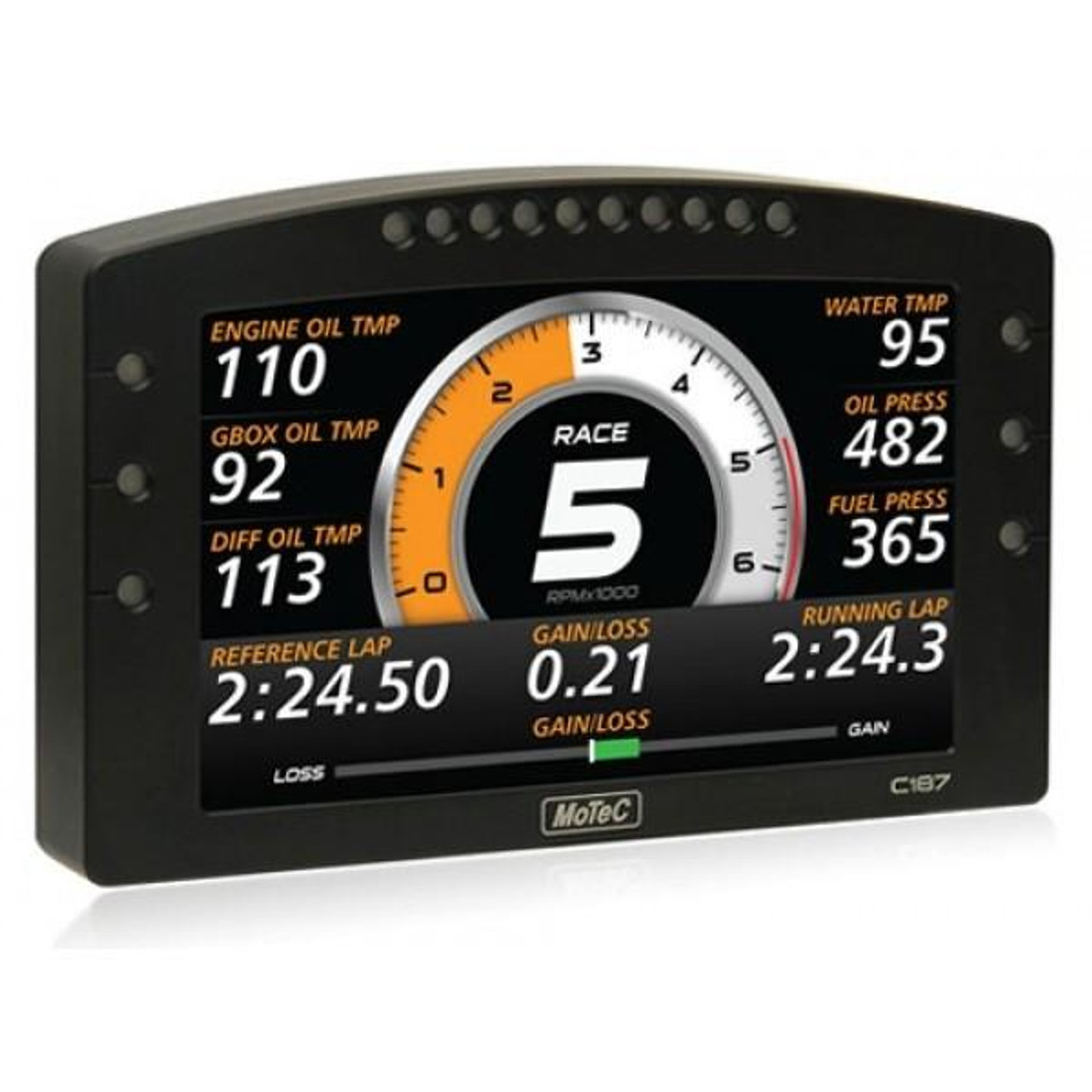 Motec Dash Logger C127, digital racing dashboard display showing various engine and performance metrics. Motec Dash Logger C127, digital racing dashboard display showing various engine and performance metrics.