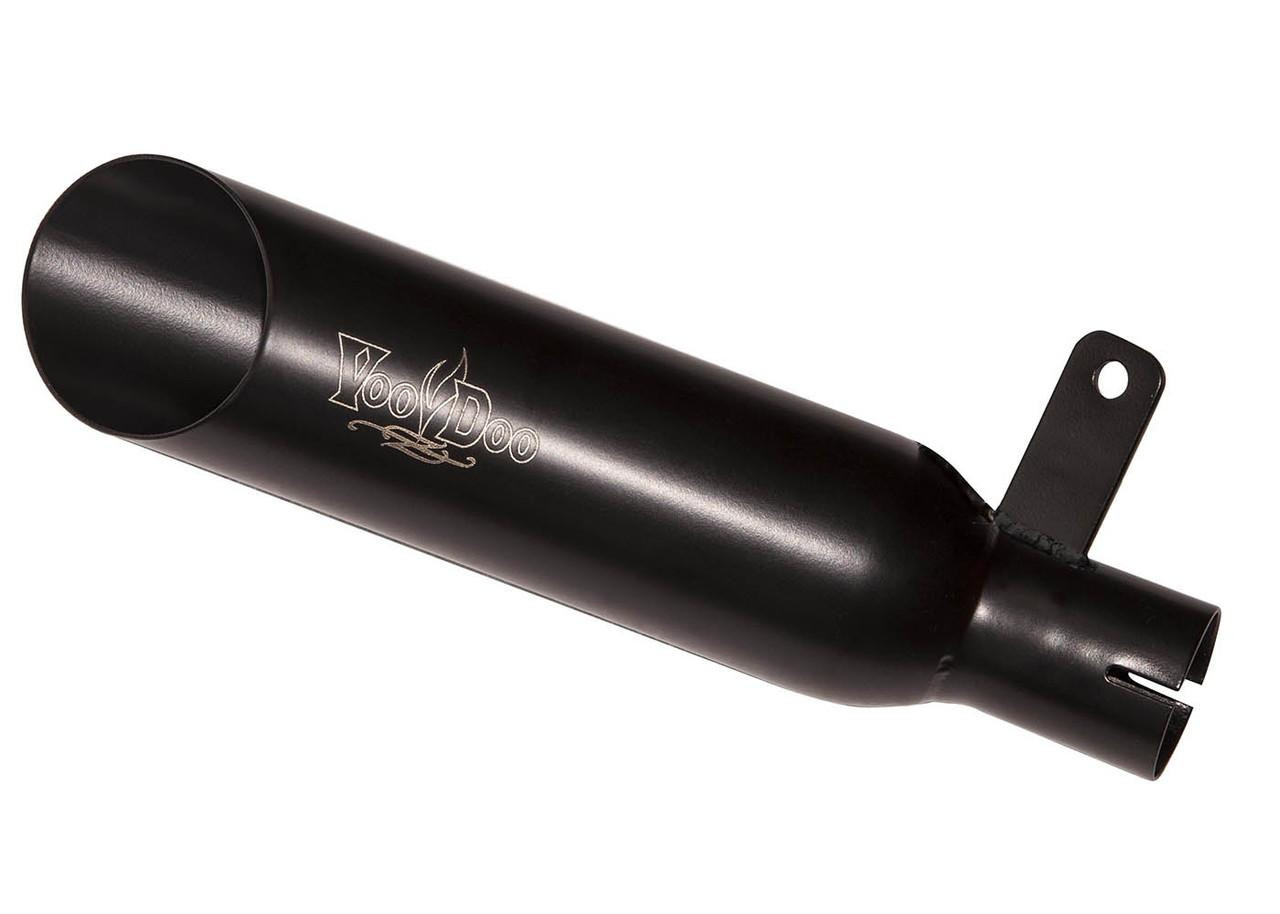 VooDoo Shorty Slip On Exhaust Suzuki GSXR1000 (01-04), black motorcycle exhaust pipe with silver logo and mounting bracket.