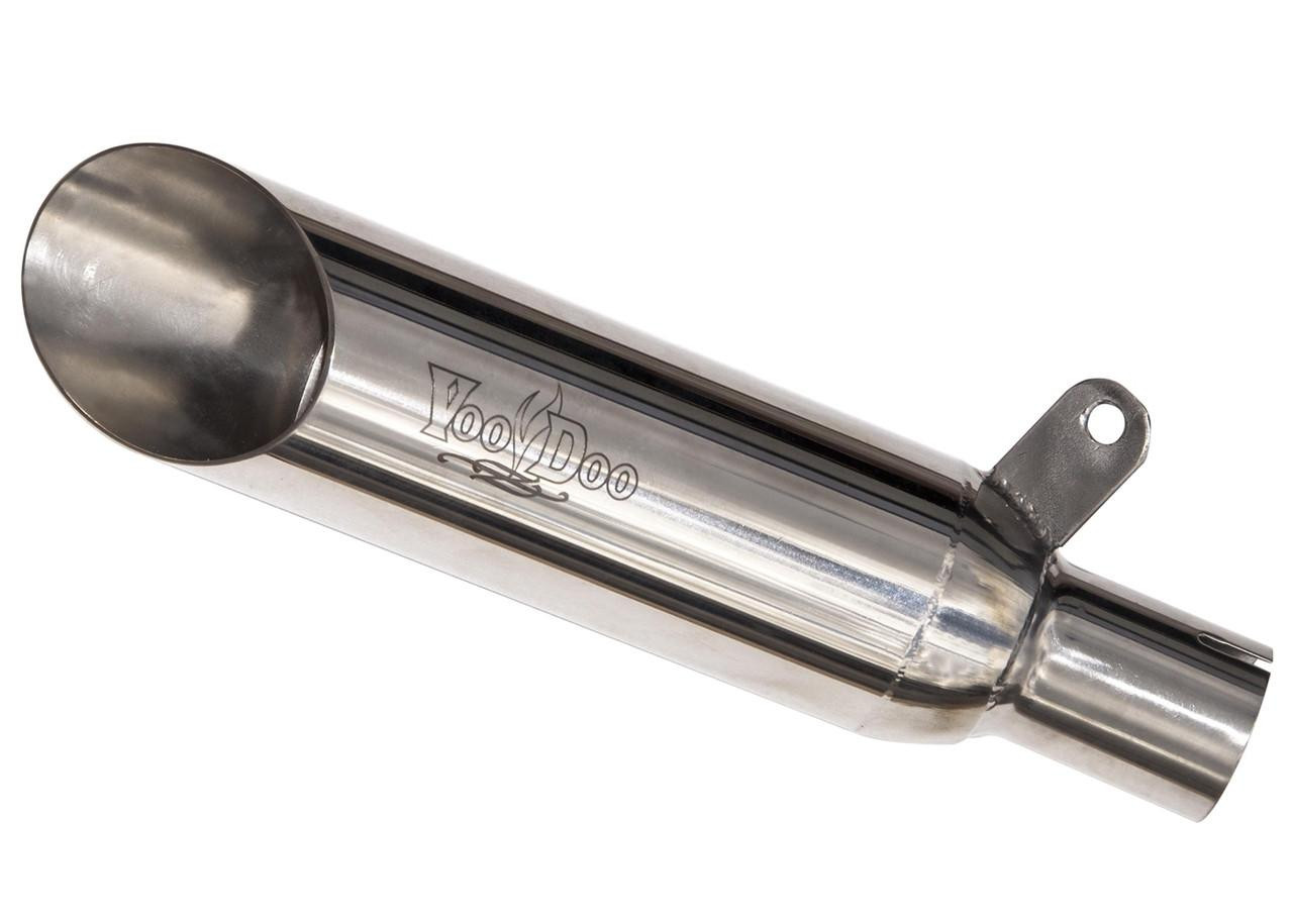 VooDoo Shorty Slip-On Exhaust for Suzuki GSXR1000 (05-06) - stainless steel motorcycle exhaust with VooDoo logo.