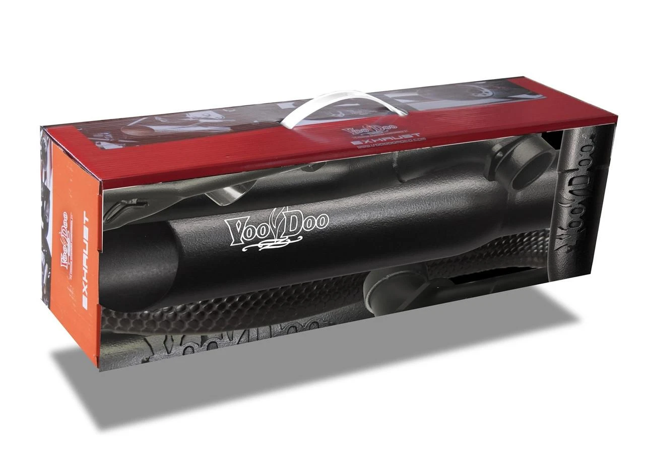 VooDoo Shorty Slip On Exhaust for Suzuki GSXR1000 (07-08), black compact motorcycle exhaust with packaging.