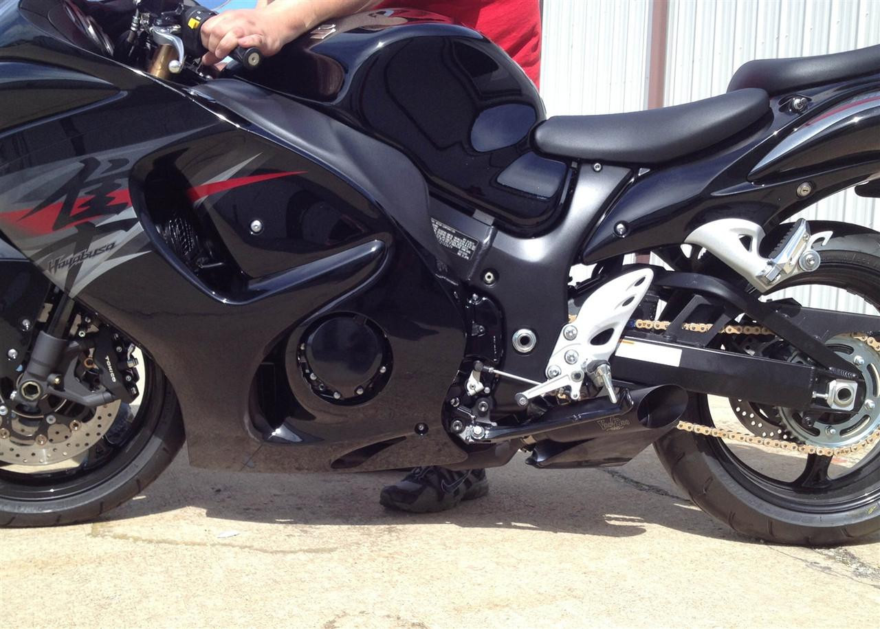 VooDoo Shorty Slip On Exhaust for Suzuki GSX1300R Hayabusa (08-20), black motorcycle exhaust system installed on a sleek black sportbike.