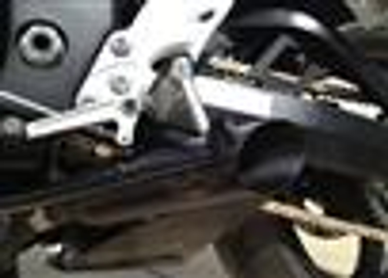 VooDoo Shorty Slip On Exhaust Suzuki GSX1300R Hayabusa (08-20), close-up image of the black aftermarket slip-on exhaust installed on the motorcycle.