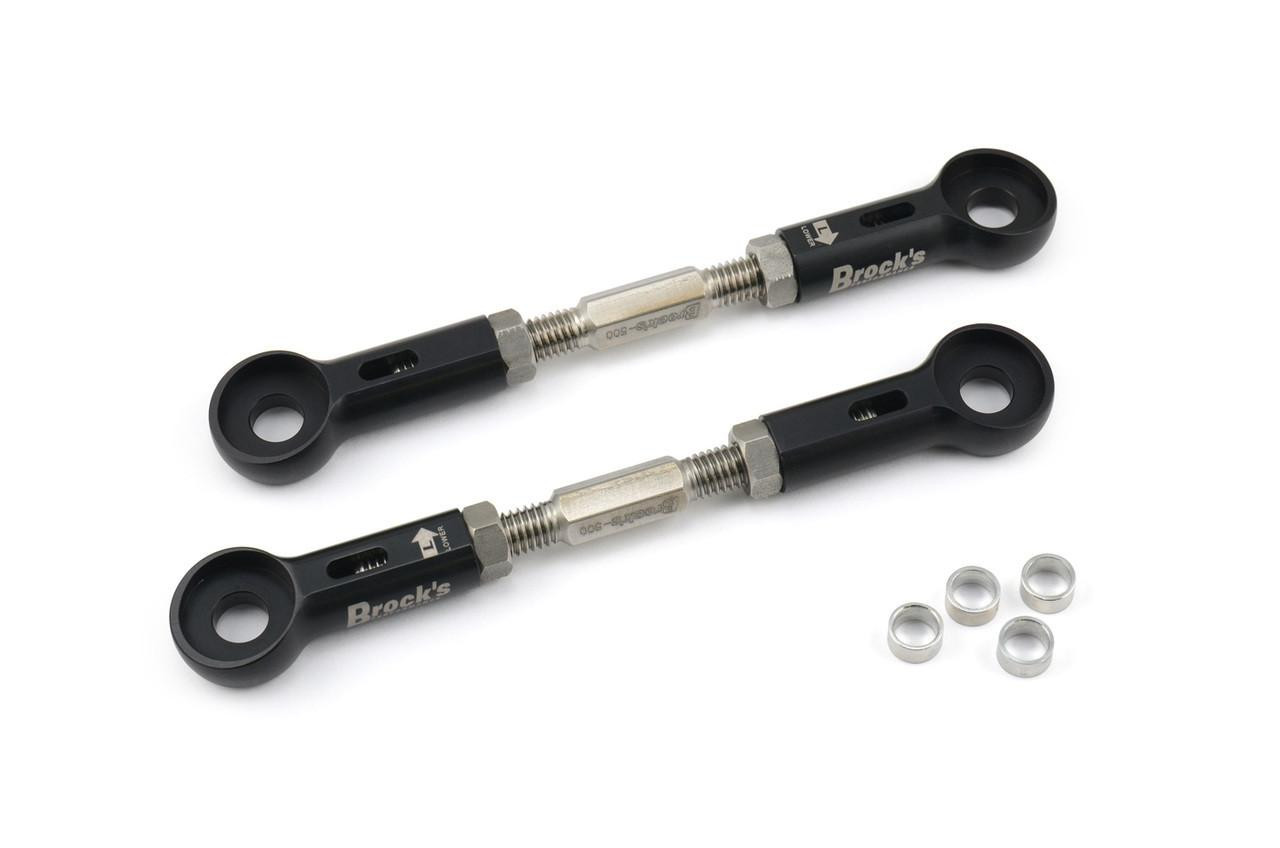 Brocks Performance Brocks Window Lowering Link Kawasaki Ninja H2/R, Ninja H2 SX / SE /SE+ and Z H2, black and silver motorcycle part with mounting hardware.