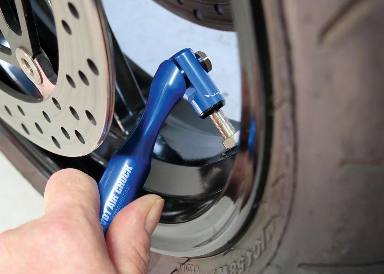Motion Pro Professional Air Chuck Fill Tool, blue handheld air chuck used for inflating vehicle tires. Motion Pro Professional Air Chuck Fill Tool, blue handheld air chuck used for inflating vehicle tires.