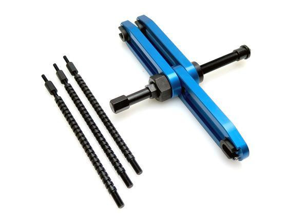 Motion Pro Crankcase Splitter V2, motorcycle engine repair tool with blue aluminum splitter and three black extraction screws.