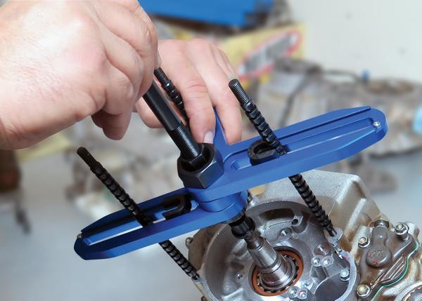 Motion Pro Crankcase Splitter V2, tool being used to split a motorcycle engine's crankcase.