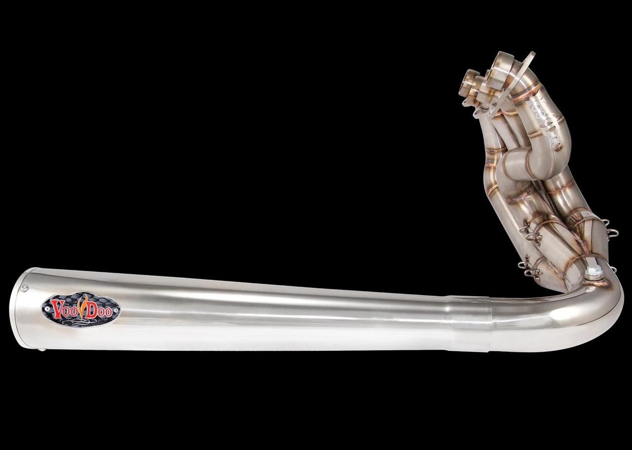 VooDoo Sidewinder Exhaust for Kawasaki ZX-14R (06-26), metallic exhaust pipe with multiple curved pipes and VooDoo logo on the side.