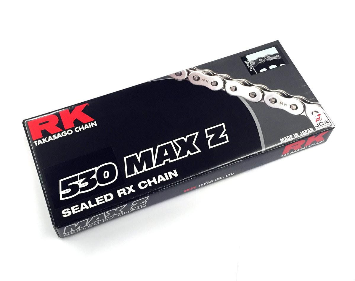 RK Excel RK Chain 530 MAX-Z RX-Ring, packaged in a black box with branding and chain image, for motorcycle or bicycle use.