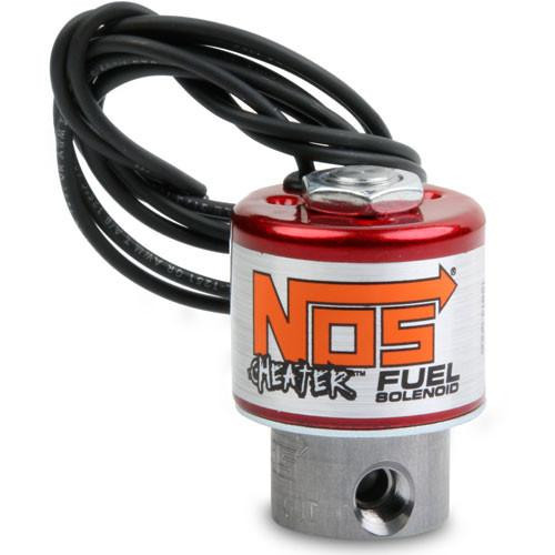 NOS Cheater Fuel Solenoid, red and silver fuel solenoid with electrical wires for high-performance engine applications.