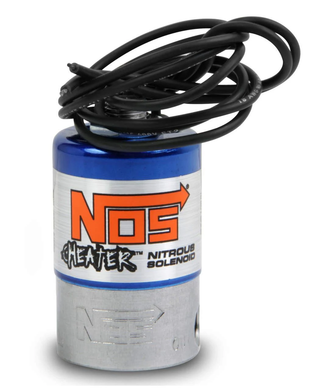 NOS Cheater Nitrous Solenoid, black electrical wires coiled on top of a blue and silver cylindrical solenoid with NOS logo and orange lettering.