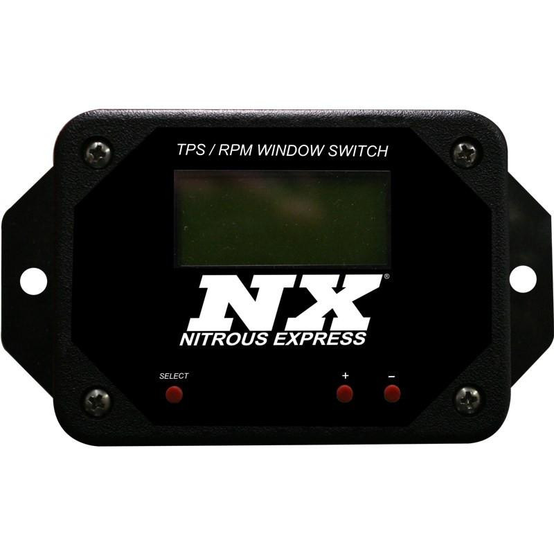 NX TPS WOT/Digital RPM Window Switch, black electronic device with digital display and control buttons for engine performance monitoring.