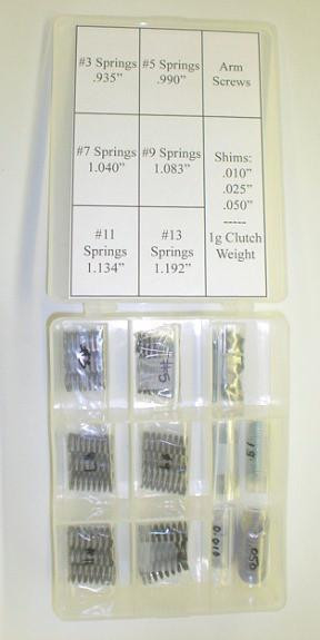 MTC Multistage Clutch Tuner Kit, image showing various springs, arm screws, shims, and clutch weights organized in a plastic storage box with labels for different spring weights and types.
