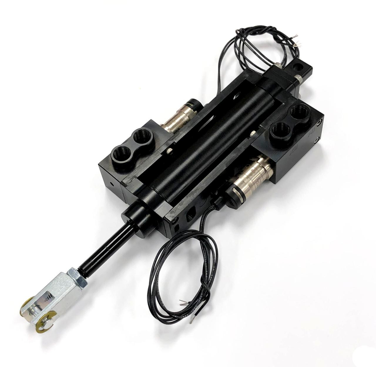 Ryan Schnitz Racing RSR Direct Shift Air Cylinder Assembly, black mechanical racing component with hydraulic fittings and wiring for automotive or race car shifting systems.