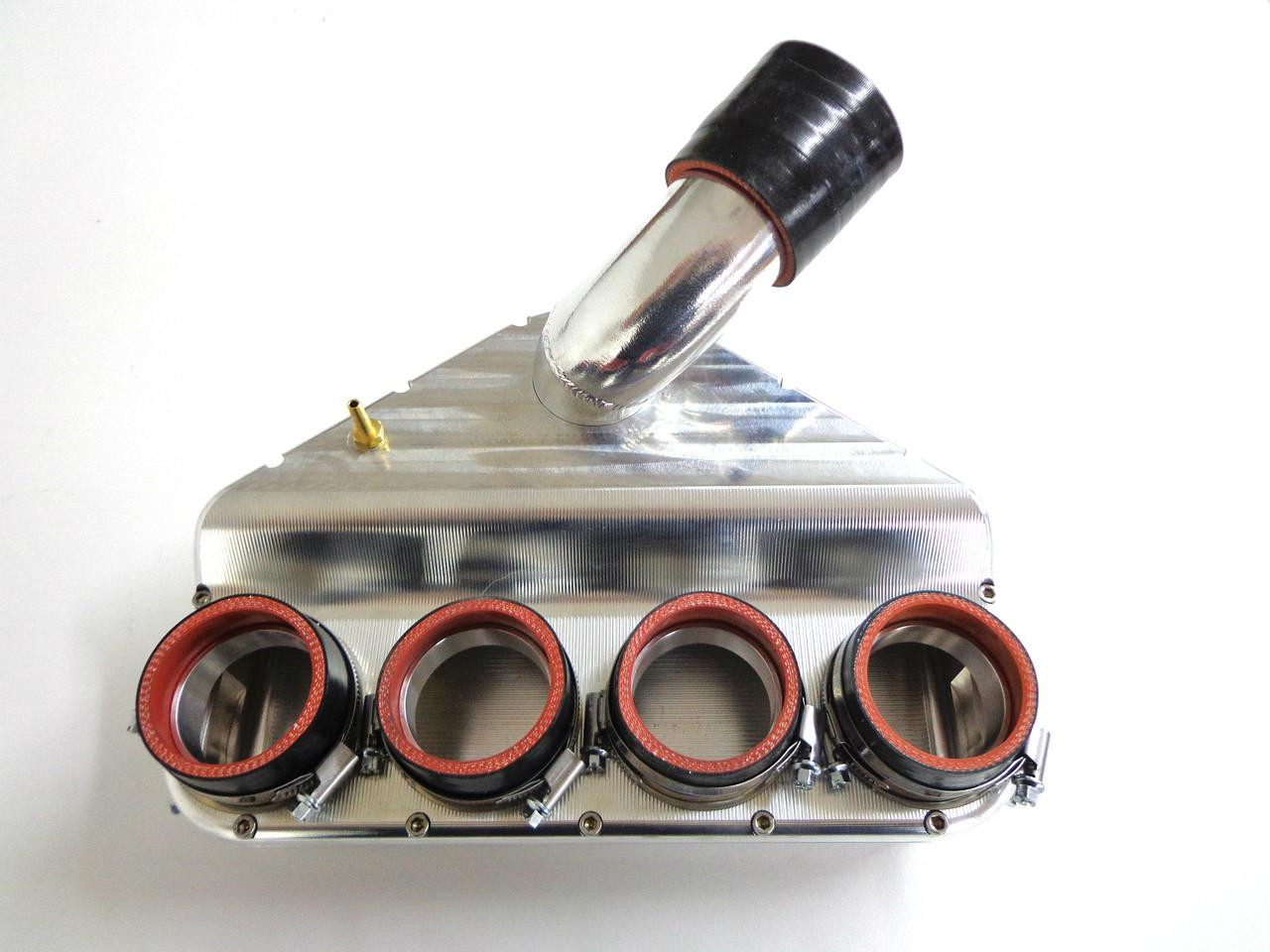 RCC Turbo Billet Aluminum Plenum Suzuki Hayabusa (99-20), close-up view of the high-performance billet aluminum plenum with four red sealing rings and a turbocharger inlet, designed for motorcycle engine enhancements.